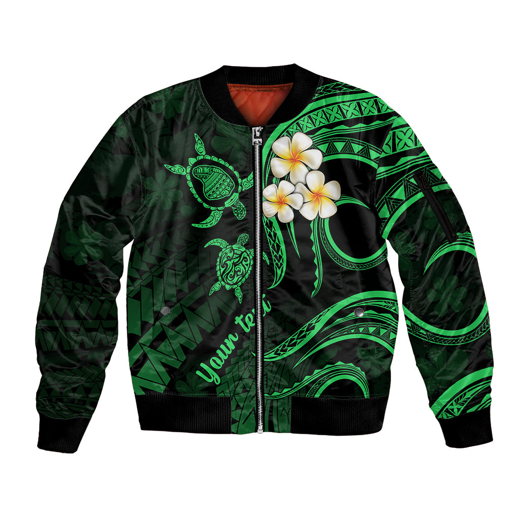Personalised Lanai Hawaii Sleeve Zip Bomber Jacket Polynesian Tattoo and Pacific Plumeria Green Vibe LT9 Unisex Green - Polynesian Pride