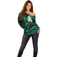 Personalised Lanai Hawaii Off Shoulder Sweater Polynesian Tattoo and Pacific Plumeria Turquoise Vibe LT9 - Polynesian Pride