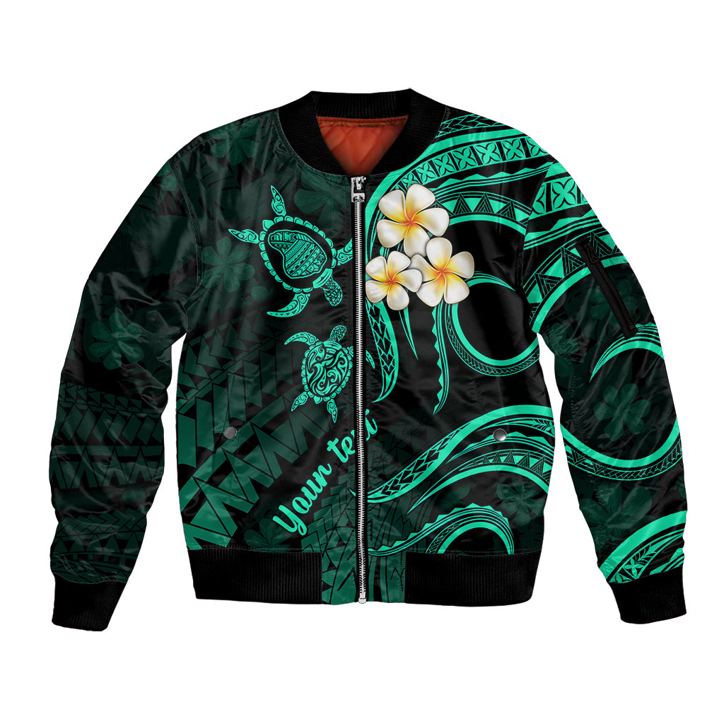 Personalised Lanai Hawaii Sleeve Zip Bomber Jacket Polynesian Tattoo and Pacific Plumeria Turquoise Vibe LT9 Unisex Turquoise - Polynesian Pride