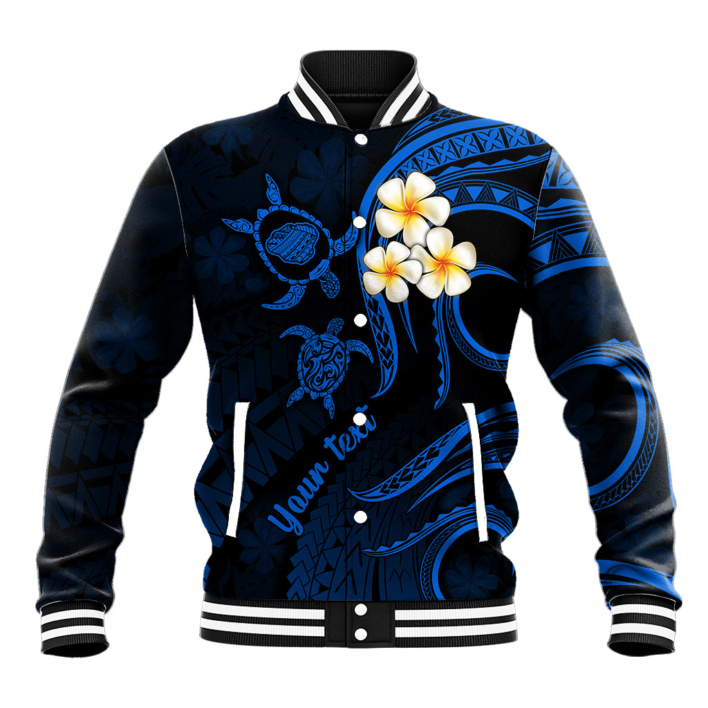 Personalised Kauai Hawaii Baseball Jacket Polynesian Tattoo and Pacific Plumeria Blue Vibe LT9 Unisex Blue - Polynesian Pride