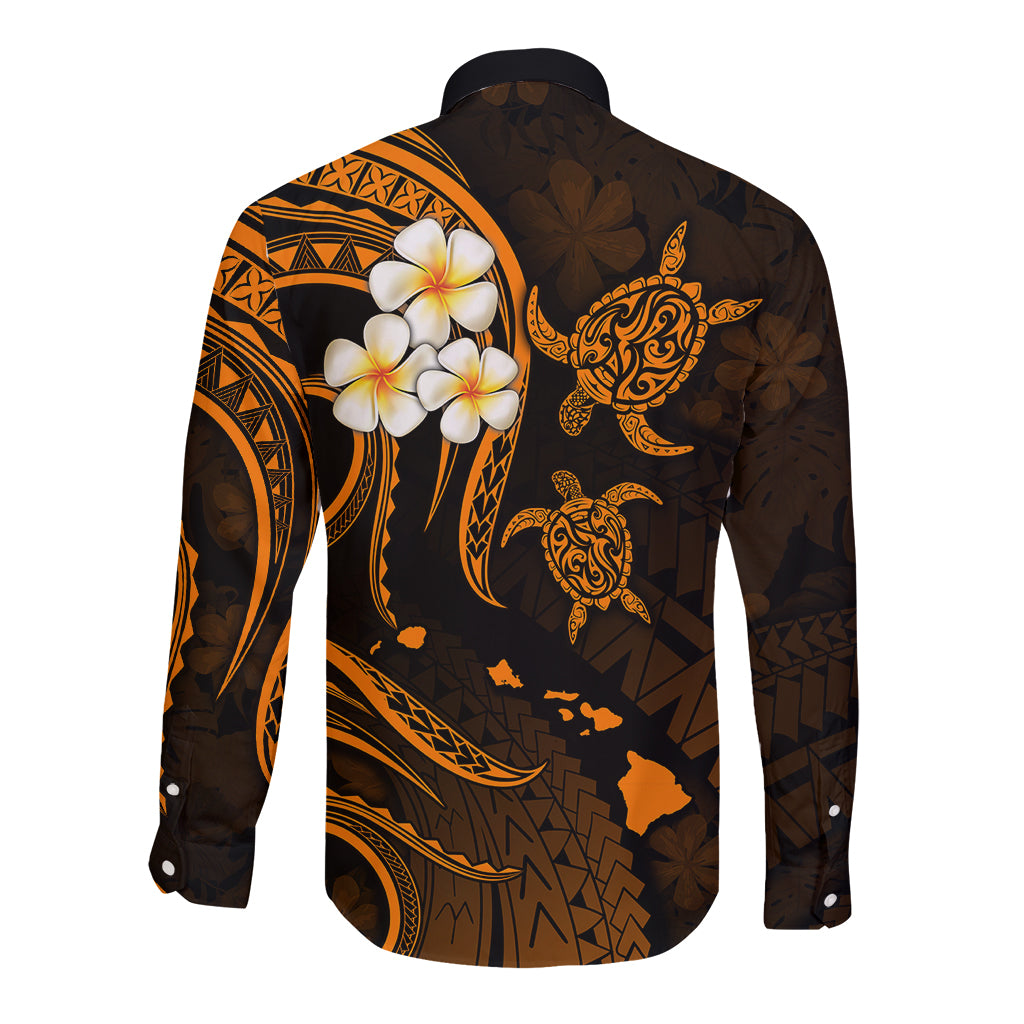 Personalised Kauai Hawaii Long Sleeve Button Shirt Polynesian Tattoo and Pacific Plumeria Gold Vibe LT9 - Polynesian Pride