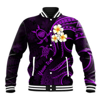 Personalised Kauai Hawaii Baseball Jacket Polynesian Tattoo and Pacific Plumeria Purple Vibe LT9 Unisex Purple - Polynesian Pride