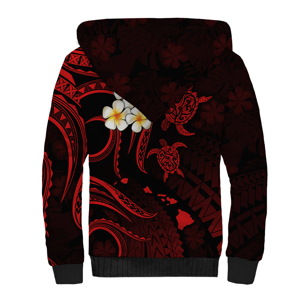 Personalised Kauai Hawaii Sherpa Hoodie Polynesian Tattoo and Pacific Plumeria Red Vibe LT9 - Polynesian Pride