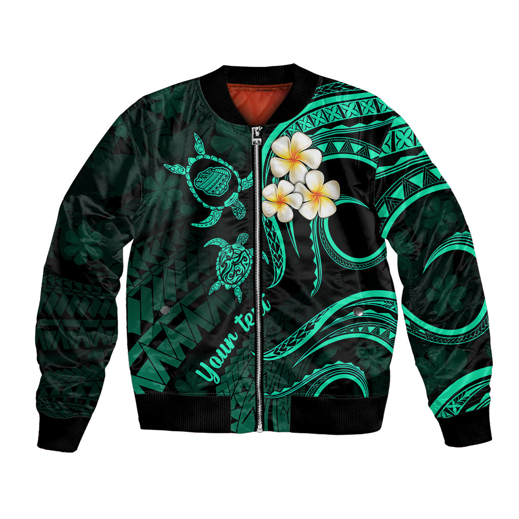 Personalised Kauai Hawaii Bomber Jacket Polynesian Tattoo and Pacific Plumeria Turquoise Vibe LT9 Unisex Turquoise - Polynesian Pride
