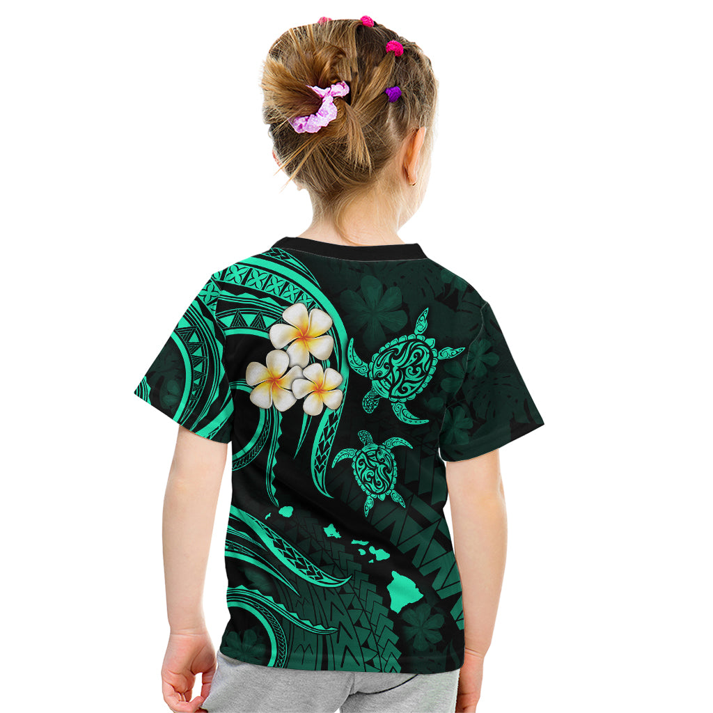 Personalised Kauai Hawaii Kid T Shirt Polynesian Tattoo and Pacific Plumeria Turquoise Vibe LT9 - Polynesian Pride