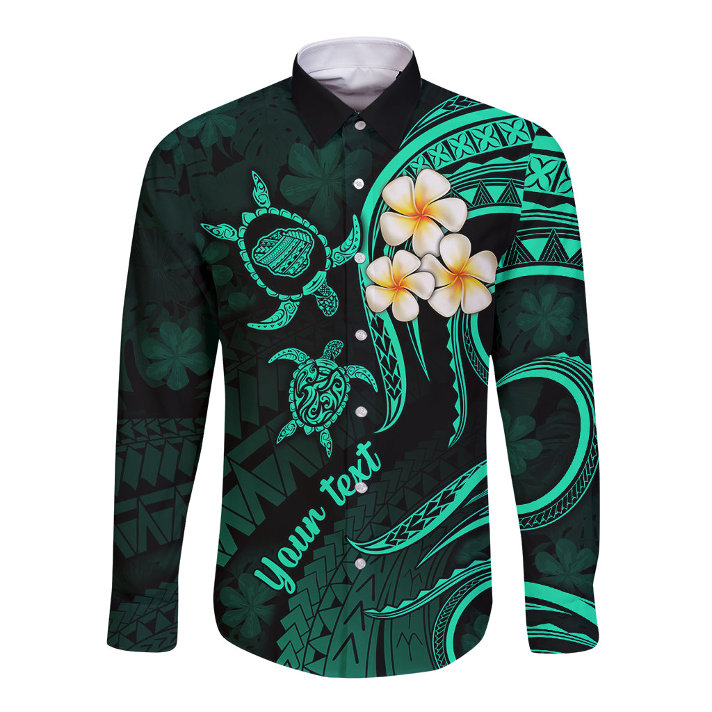 Personalised Kauai Hawaii Long Sleeve Button Shirt Polynesian Tattoo and Pacific Plumeria Turquoise Vibe LT9 Unisex Turquoise - Polynesian Pride
