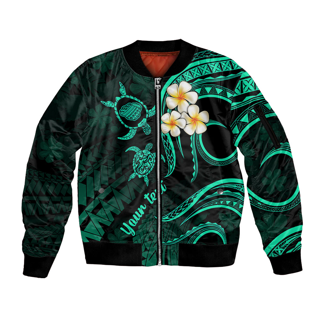 Personalised Kauai Hawaii Sleeve Zip Bomber Jacket Polynesian Tattoo and Pacific Plumeria Turquoise Vibe LT9 Unisex Turquoise - Polynesian Pride