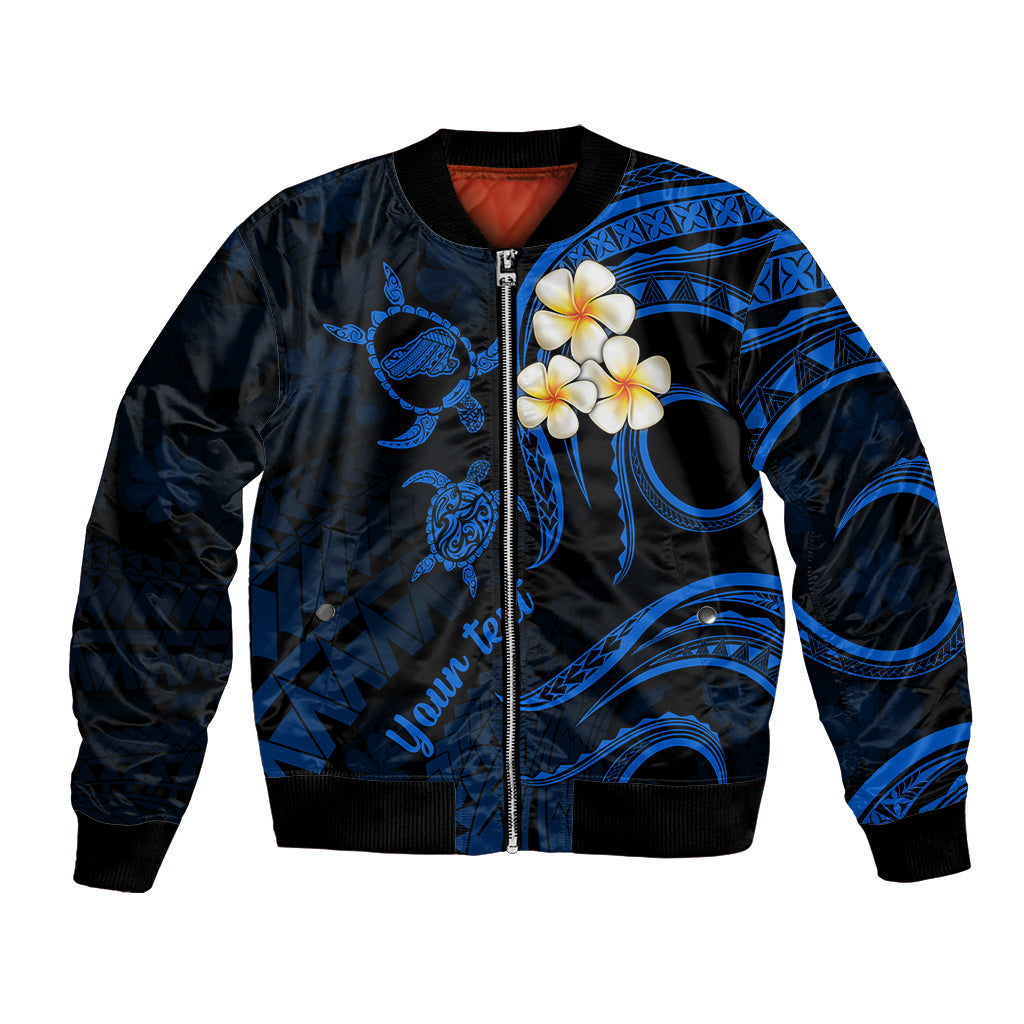Personalised Kahoolawe Hawaii Bomber Jacket Polynesian Tattoo and Pacific Plumeria Blue Vibe LT9 Unisex Blue - Polynesian Pride