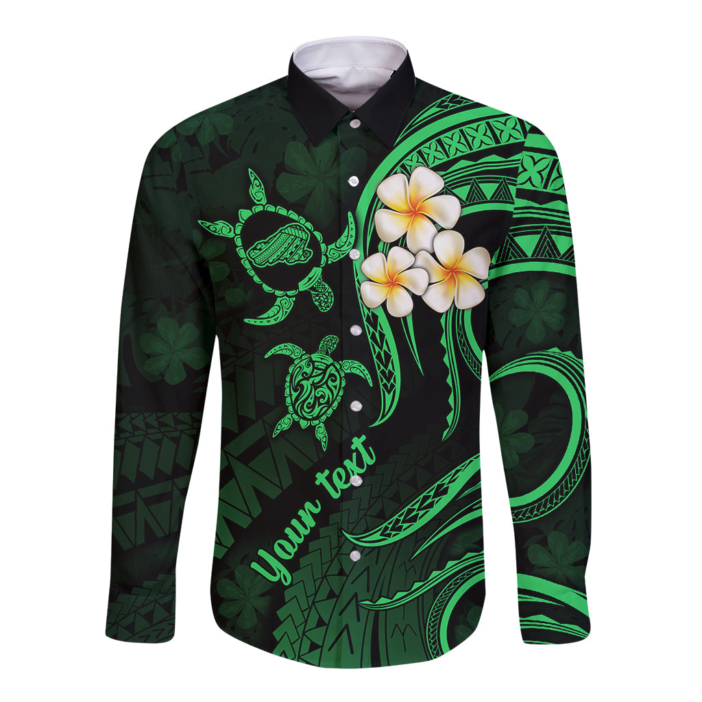 Personalised Kahoolawe Hawaii Long Sleeve Button Shirt Polynesian Tattoo and Pacific Plumeria Green Vibe LT9 Unisex Green - Polynesian Pride