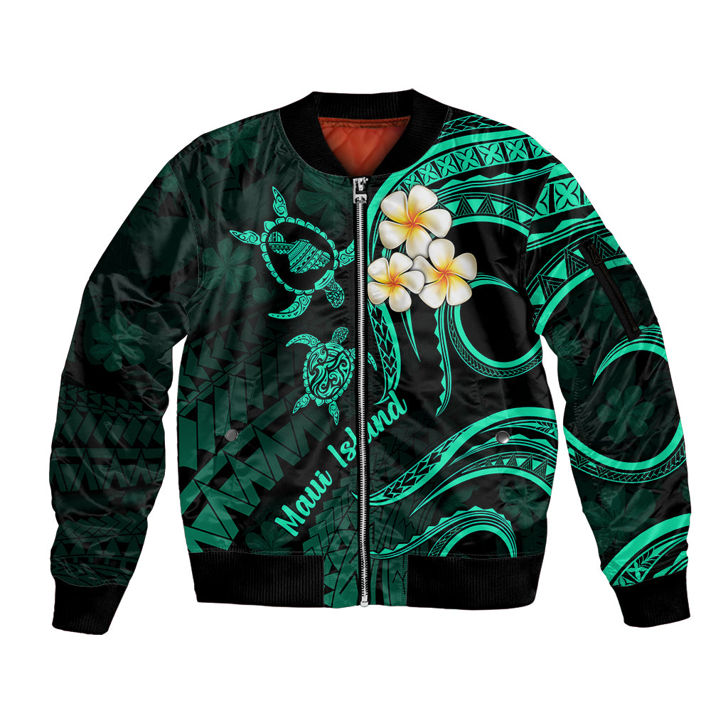 Hawaii Sleeve Zip Bomber Jacket Maui Islands Pacific Plumeria Turquoise Vibe LT9 Unisex Turquoise - Polynesian Pride