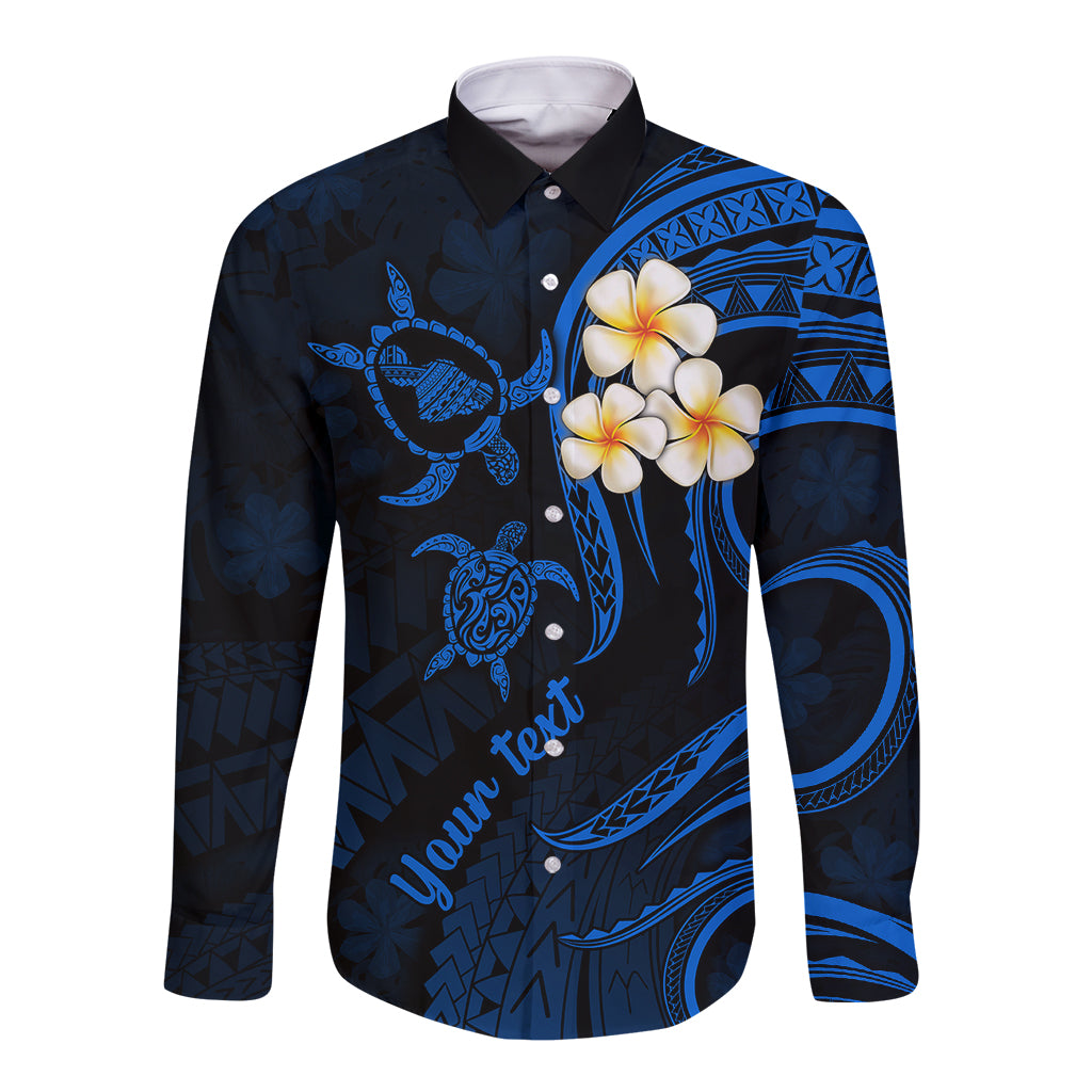 Personalised Maui Hawaii Long Sleeve Button Shirt Polynesian Tattoo and Pacific Plumeria Blue Vibe LT9 Unisex Blue - Polynesian Pride