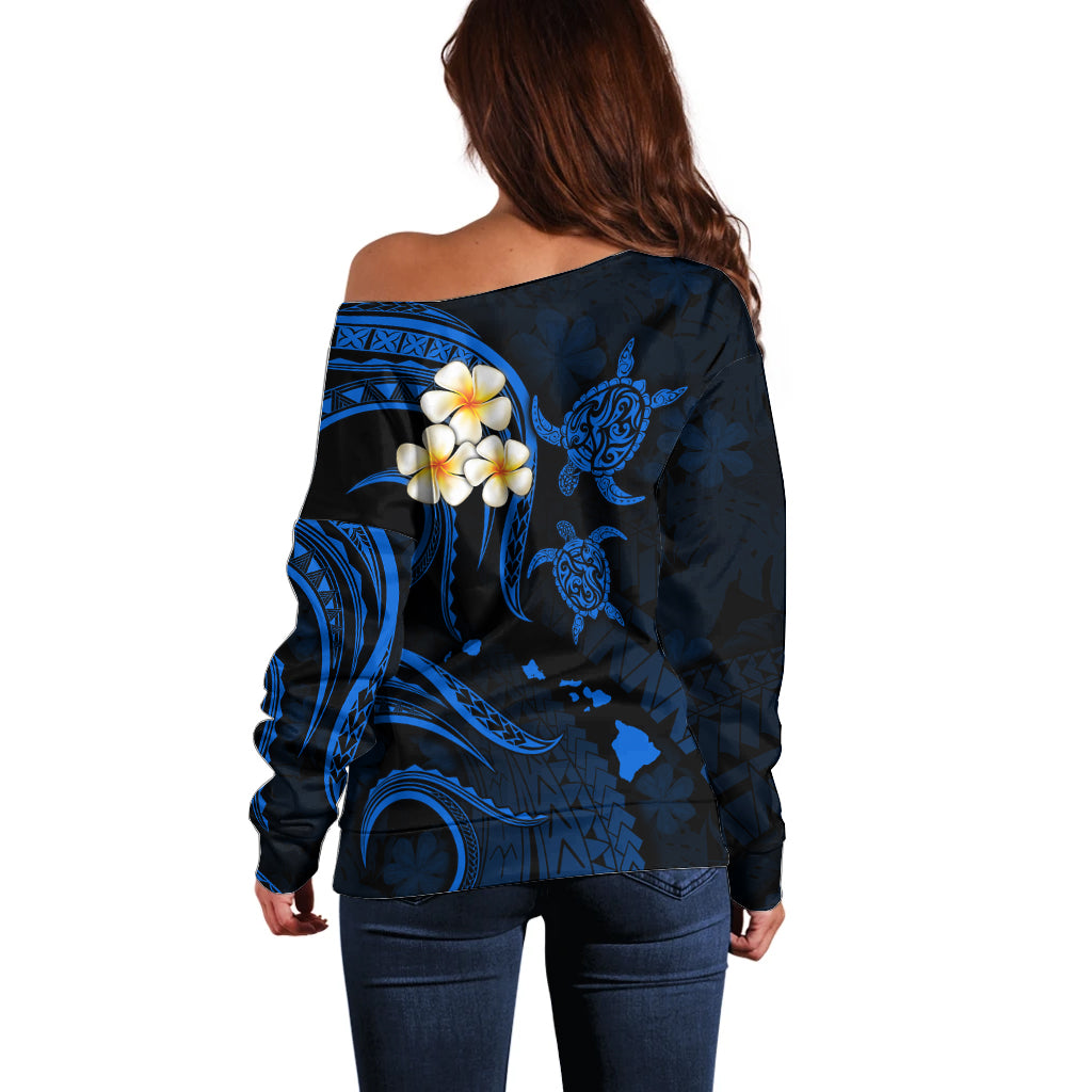 Personalised Oahu Hawaii Off Shoulder Sweater Polynesian Tattoo and Pacific Plumeria Blue Vibe LT9 - Polynesian Pride