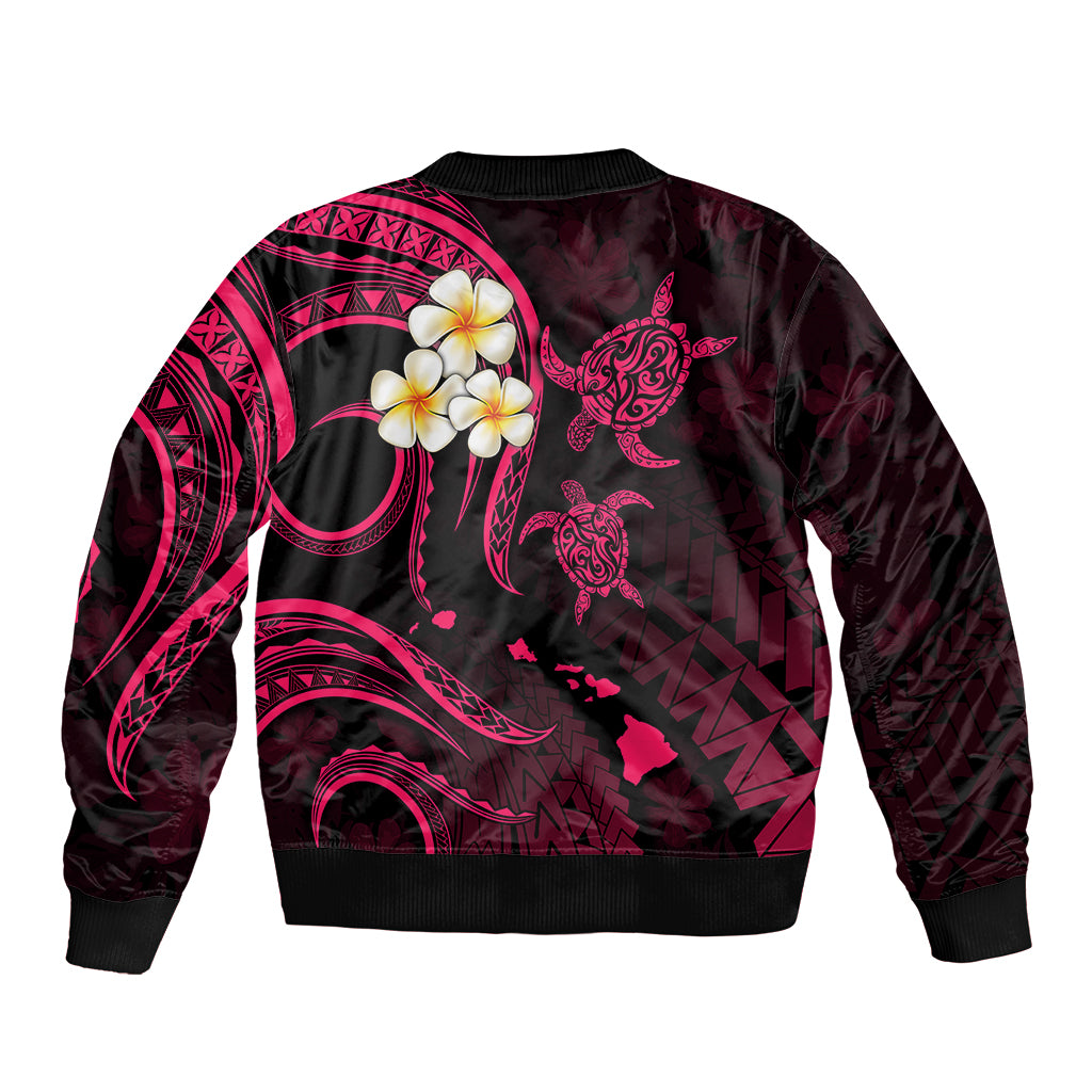 Personalised Oahu Hawaii Bomber Jacket Polynesian Tattoo and Pacific Plumeria Pink Vibe LT9 - Polynesian Pride
