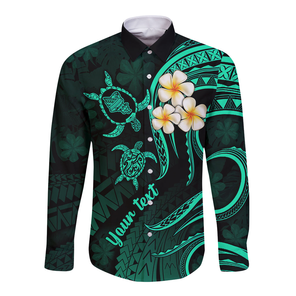 Personalised Oahu Hawaii Long Sleeve Button Shirt Polynesian Tattoo and Pacific Plumeria Turquoise Vibe LT9 Unisex Turquoise - Polynesian Pride
