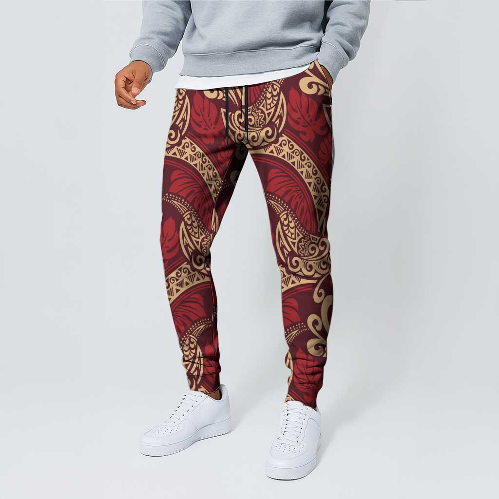 Luxury Red Monstera Jogger Pants Polynesian Tribal Pattern - Polynesian Pride