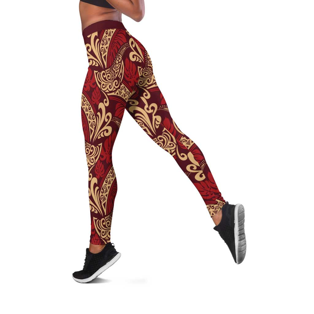 Luxury Red Monstera Leggings Polynesian Tribal Pattern - Polynesian Pride