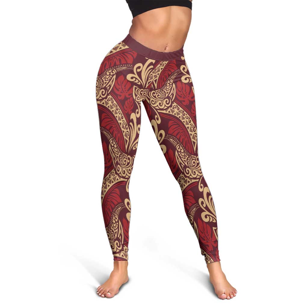 Luxury Red Monstera Leggings Polynesian Tribal Pattern - Polynesian Pride