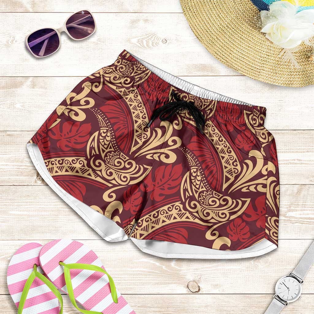 Luxury Red Monstera Shorts for Women Polynesian Tribal Pattern - Polynesian Pride