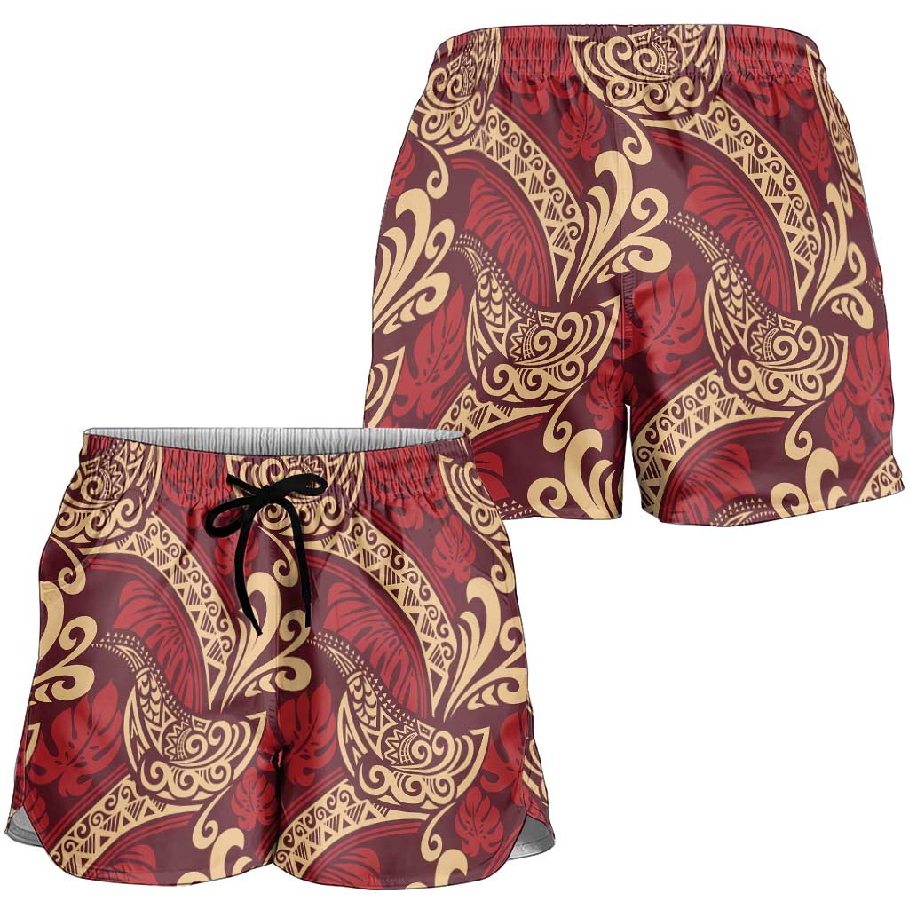 Luxury Red Monstera Shorts for Women Polynesian Tribal Pattern - Polynesian Pride