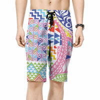 Maori Kowhaiwhai Taniko Patchwork Rainbow Motifs Board Shorts