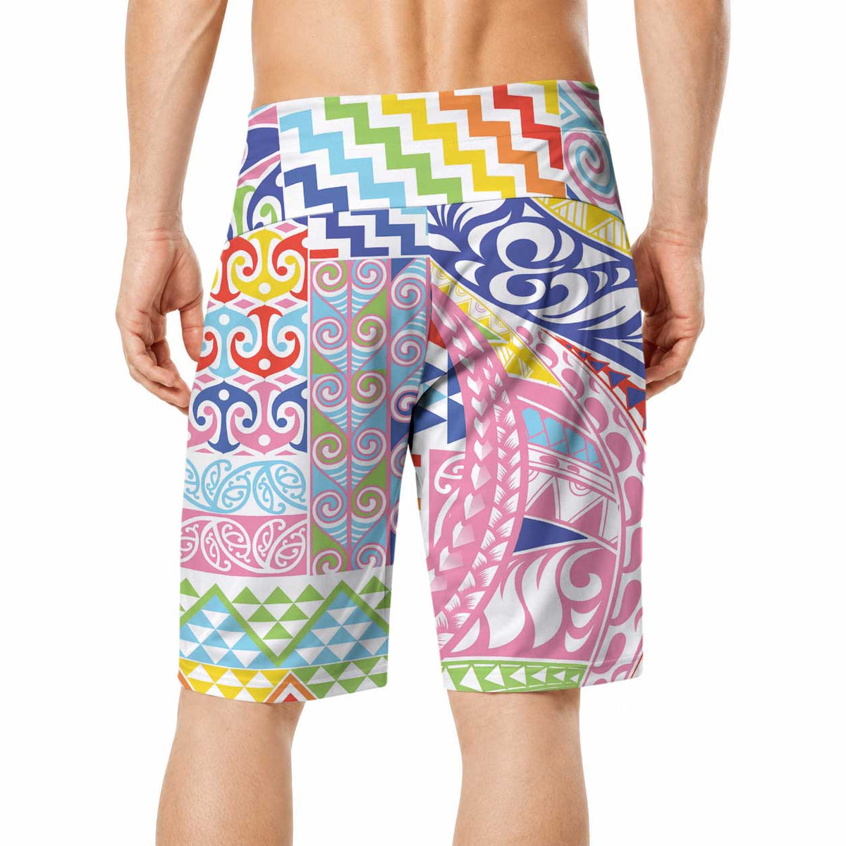 Maori Kowhaiwhai Taniko Patchwork Rainbow Motifs Board Shorts