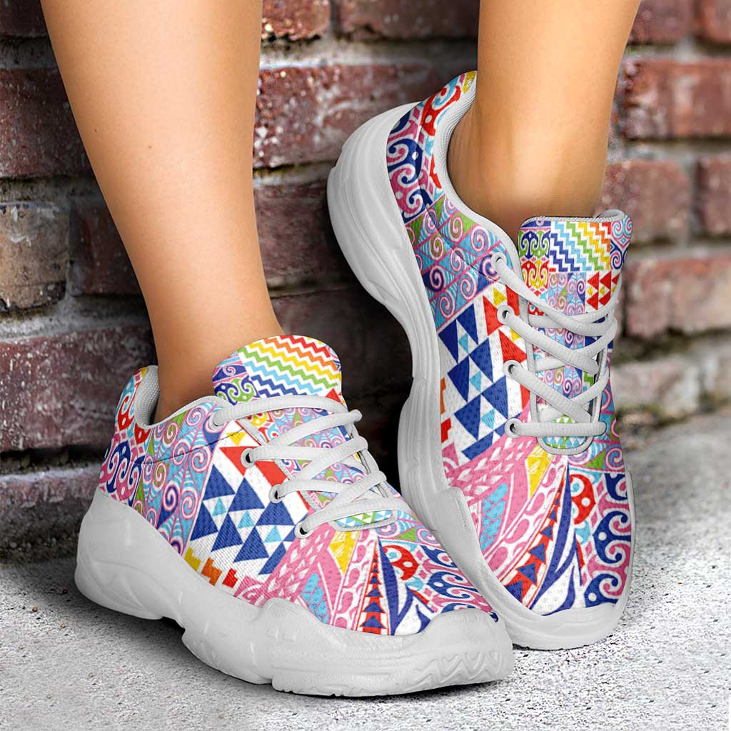 Maori Kowhaiwhai Taniko Patchwork Rainbow Motifs Chunky Sneakers