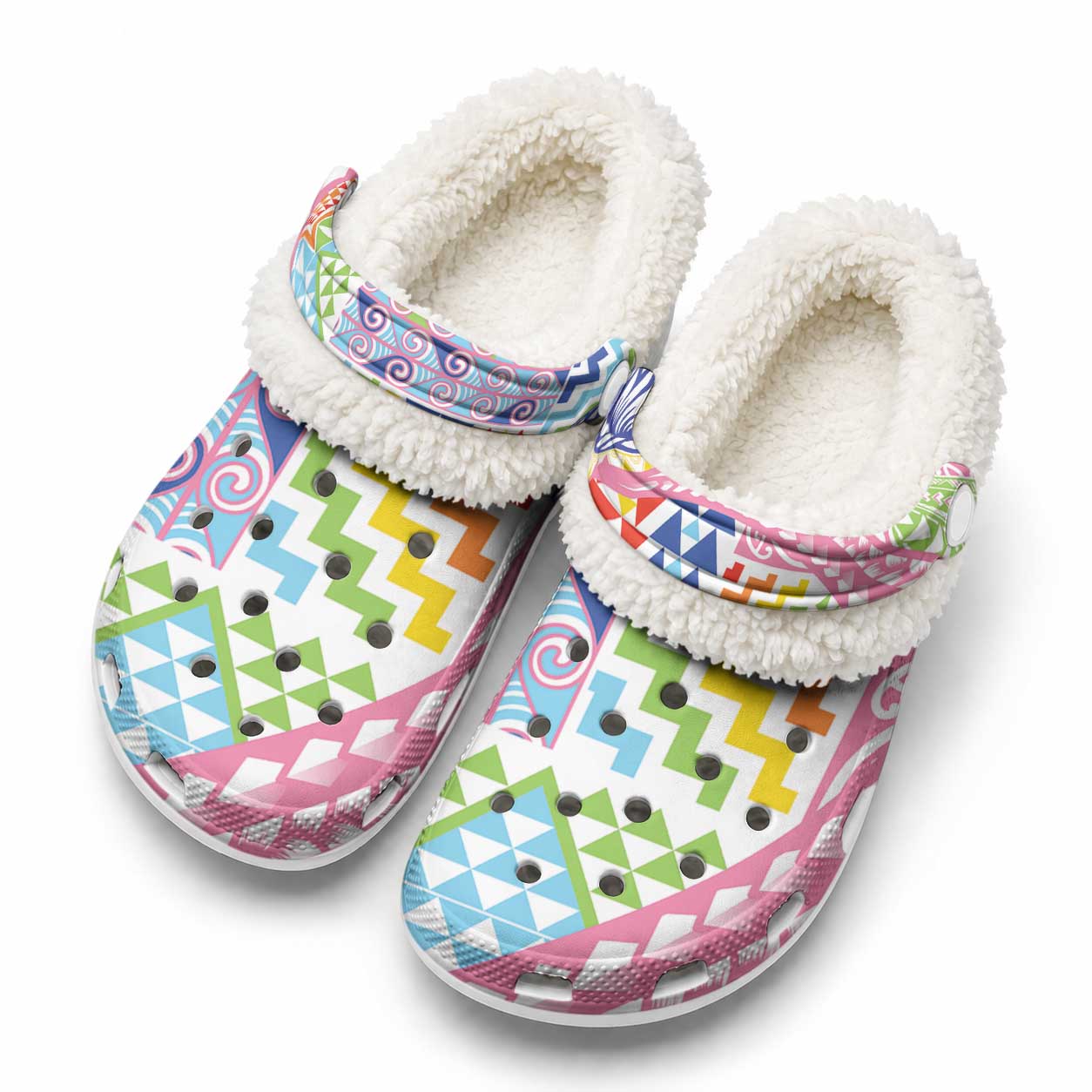 Maori Kowhaiwhai Taniko Patchwork Rainbow Motifs Fleece Clogs