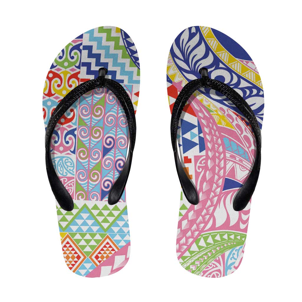 Maori Kowhaiwhai Taniko Patchwork Rainbow Motifs Flip Flops