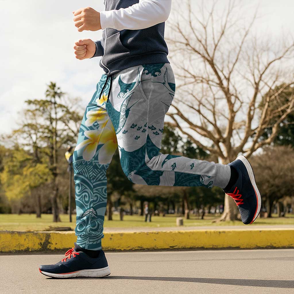 Maori Manta Ray Plumeria Teal Jogger Pants - Polynesian Pride