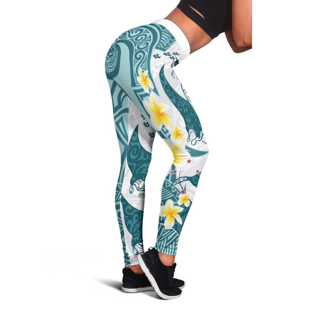 Maori Manta Ray Plumeria Teal Leggings - Polynesian Ocean Design LT01 - Polynesian Pride