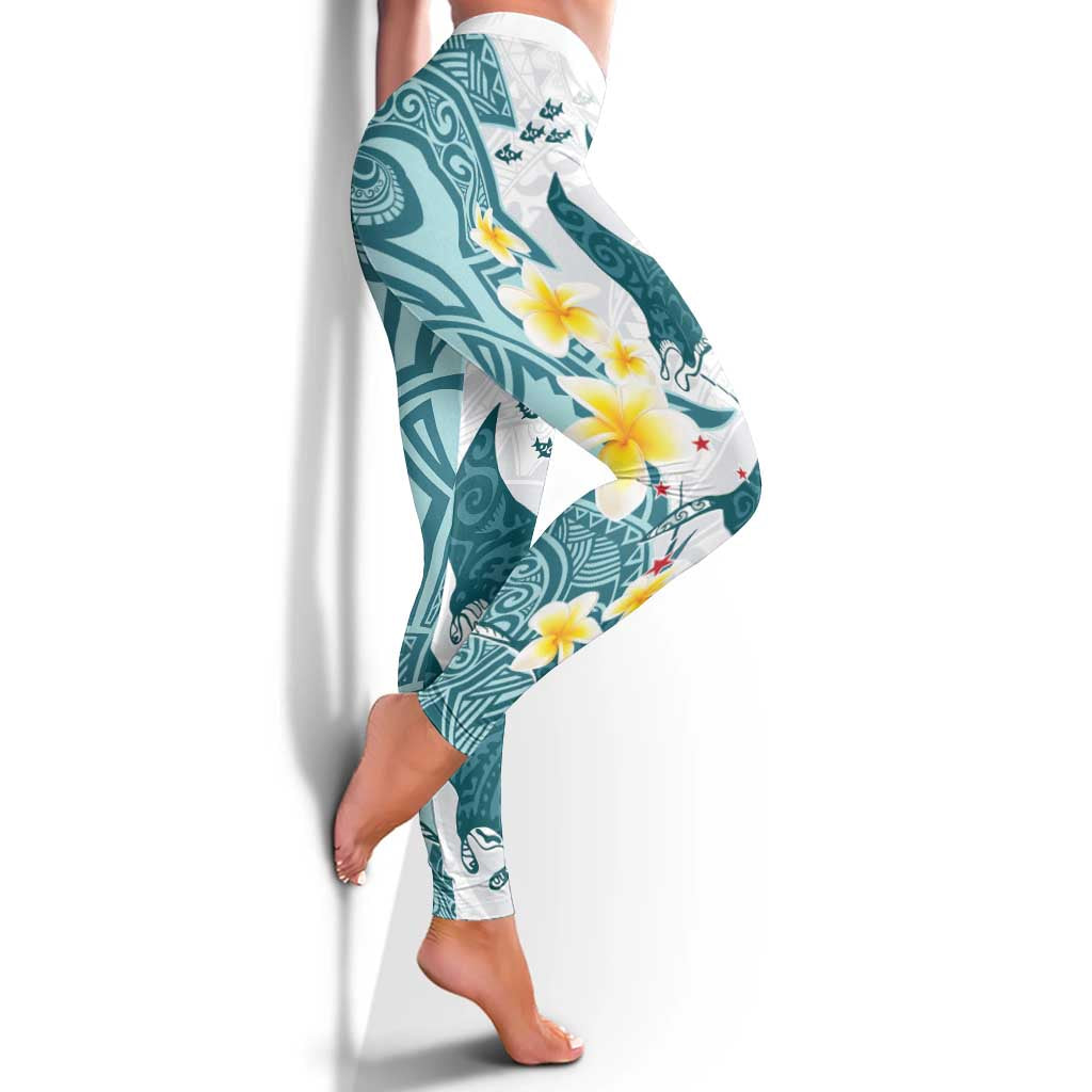 Maori Manta Ray Plumeria Teal Leggings - Polynesian Ocean Design LT01 - Polynesian Pride