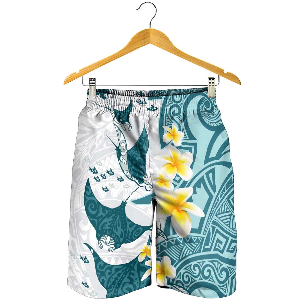 Maori Manta Ray Plumeria Teal Shorts for Men LT01 - Polynesian Pride