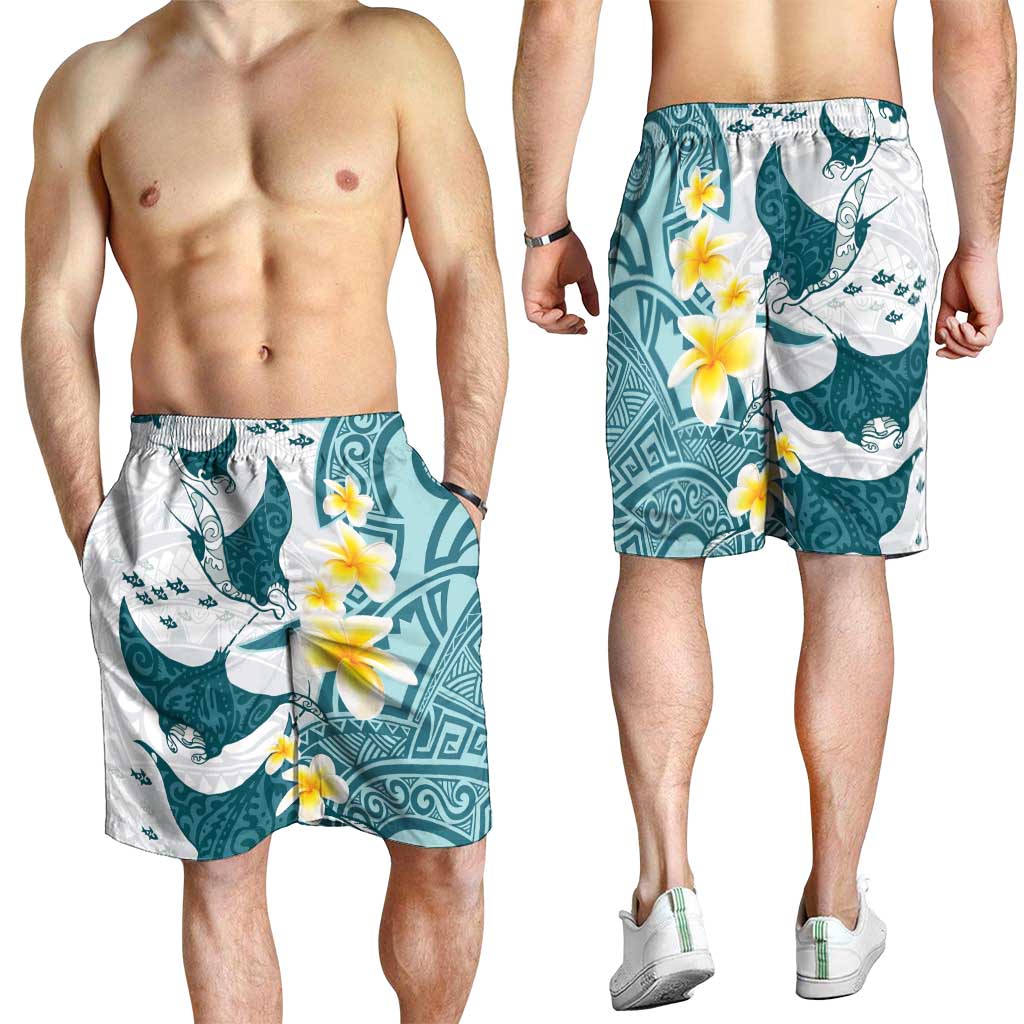 Maori Manta Ray Plumeria Teal Shorts for Men LT01 - Polynesian Pride