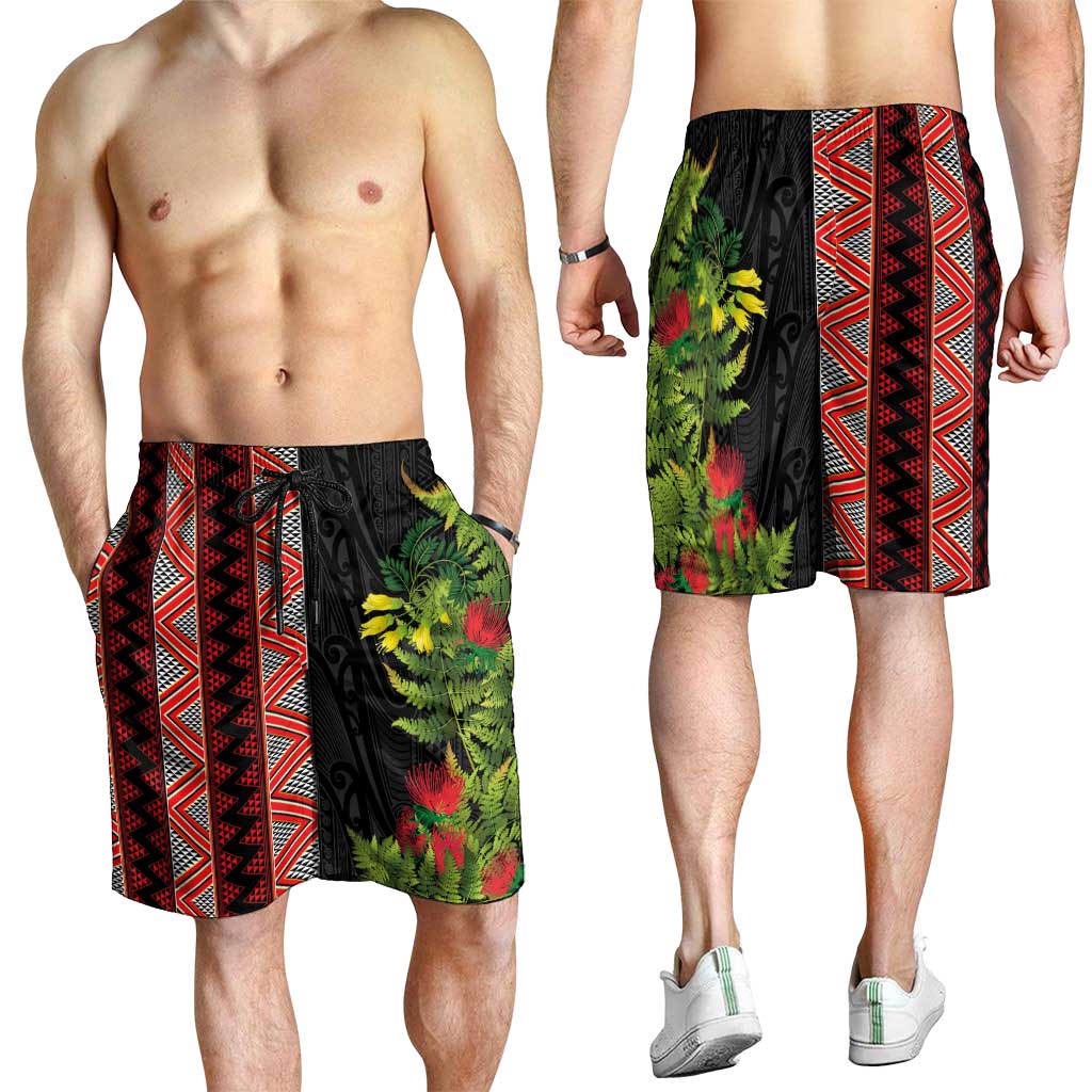 Maori Tukutuku Shorts for Men with Ferns Pohutukawa and Kowhai Tribal Moko Patterns