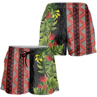 Maori Tukutuku Shorts for Women with Ferns Pohutukawa and Kowhai Tribal Moko Patterns