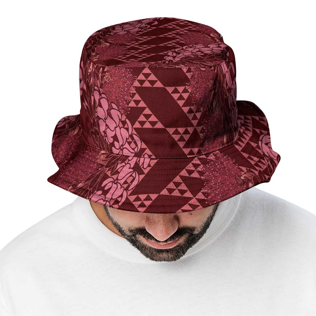 Maroon Aloha Hawaii Bucket Hat Hawaiian Kakau Ohia Lehua Lei - Polynesian Pride