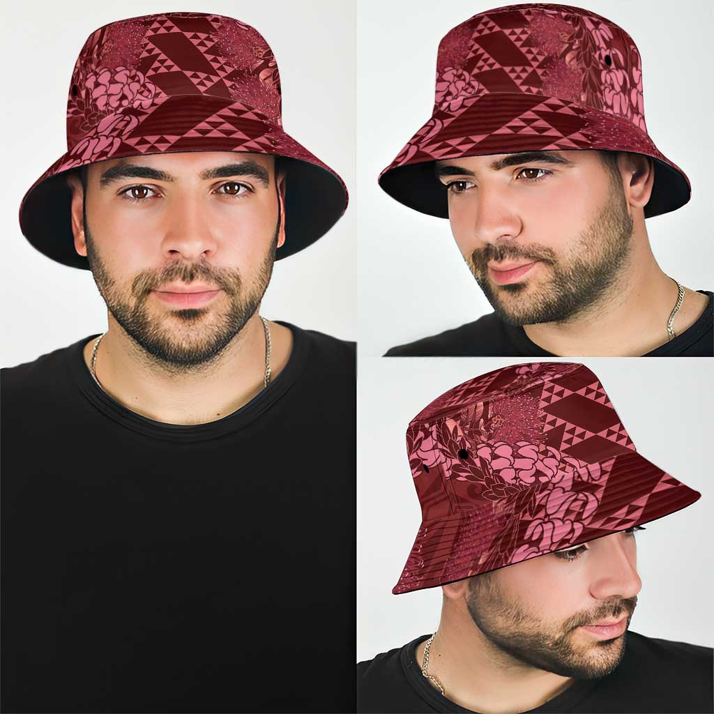 Maroon Aloha Hawaii Bucket Hat Hawaiian Kakau Ohia Lehua Lei - Polynesian Pride