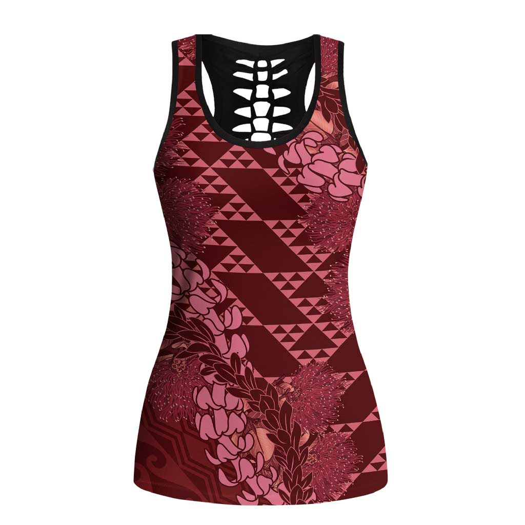 Maroon Aloha Hawaii Hollow Tank Top Hawaiian Kakau Ohia Lehua Lei - Polynesian Pride