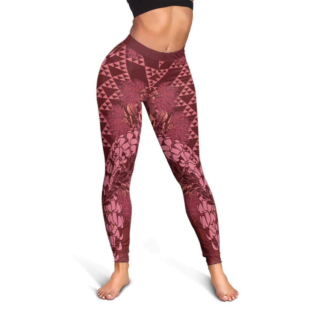 Maroon Aloha Hawaii Leggings Hawaiian Kakau Ohia Lehua Lei - Polynesian Pride