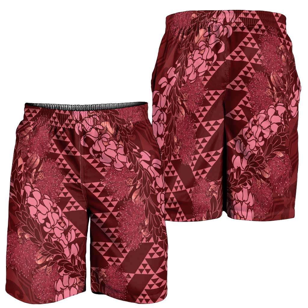 Maroon Aloha Hawaii Shorts for Men Hawaiian Kakau Ohia Lehua Lei - Polynesian Pride