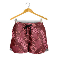Maroon Aloha Hawaii Shorts for Women Hawaiian Kakau Ohia Lehua Lei - Polynesian Pride