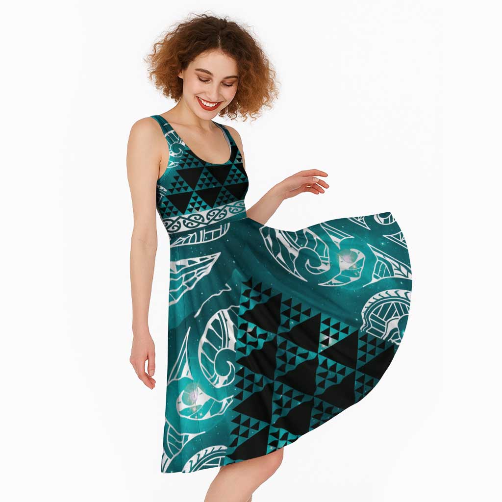 Matariki New Zealand Midi Dress NZ Niho Taniwha Maori New Year Cyan Galaxy LT14 - Polynesian Pride