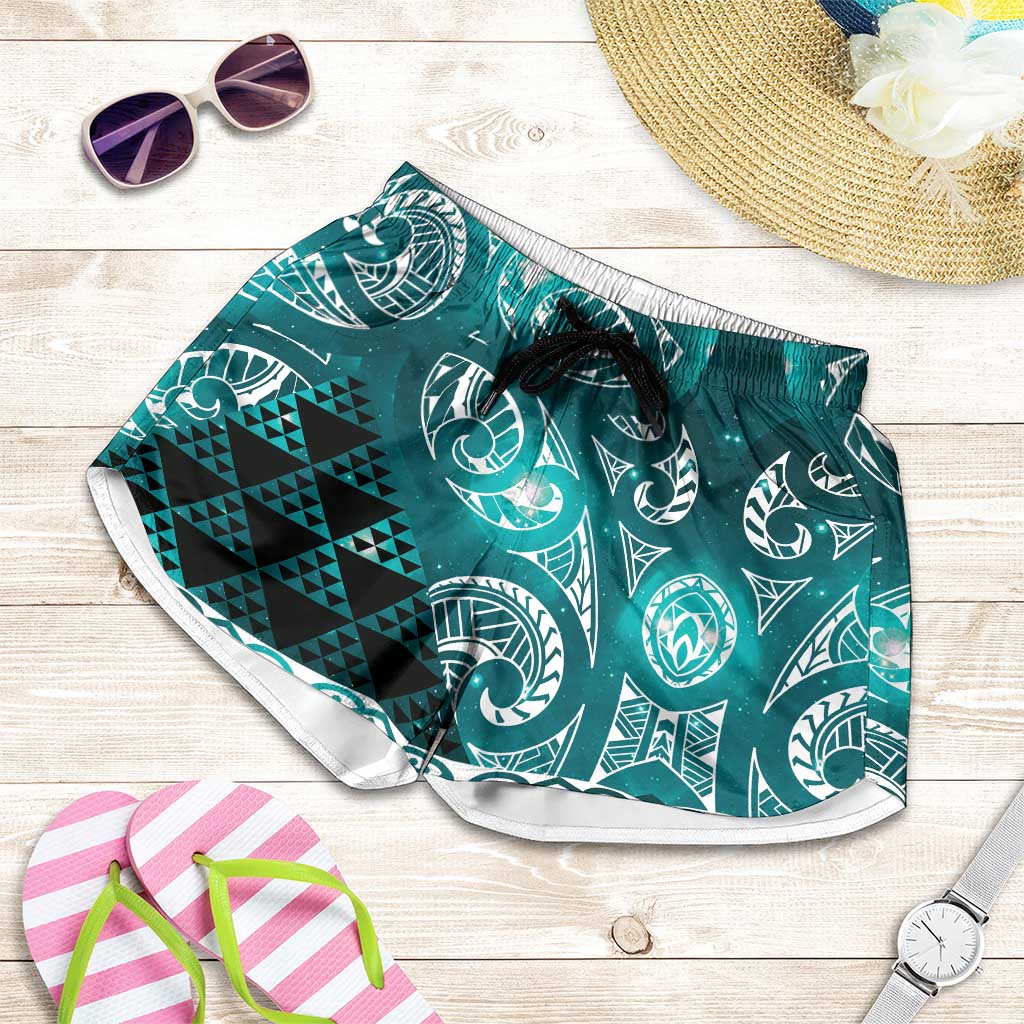 Matariki New Zealand Shorts for Women NZ Niho Taniwha Maori New Year Cyan Galaxy LT14 Cyan - Polynesian Pride