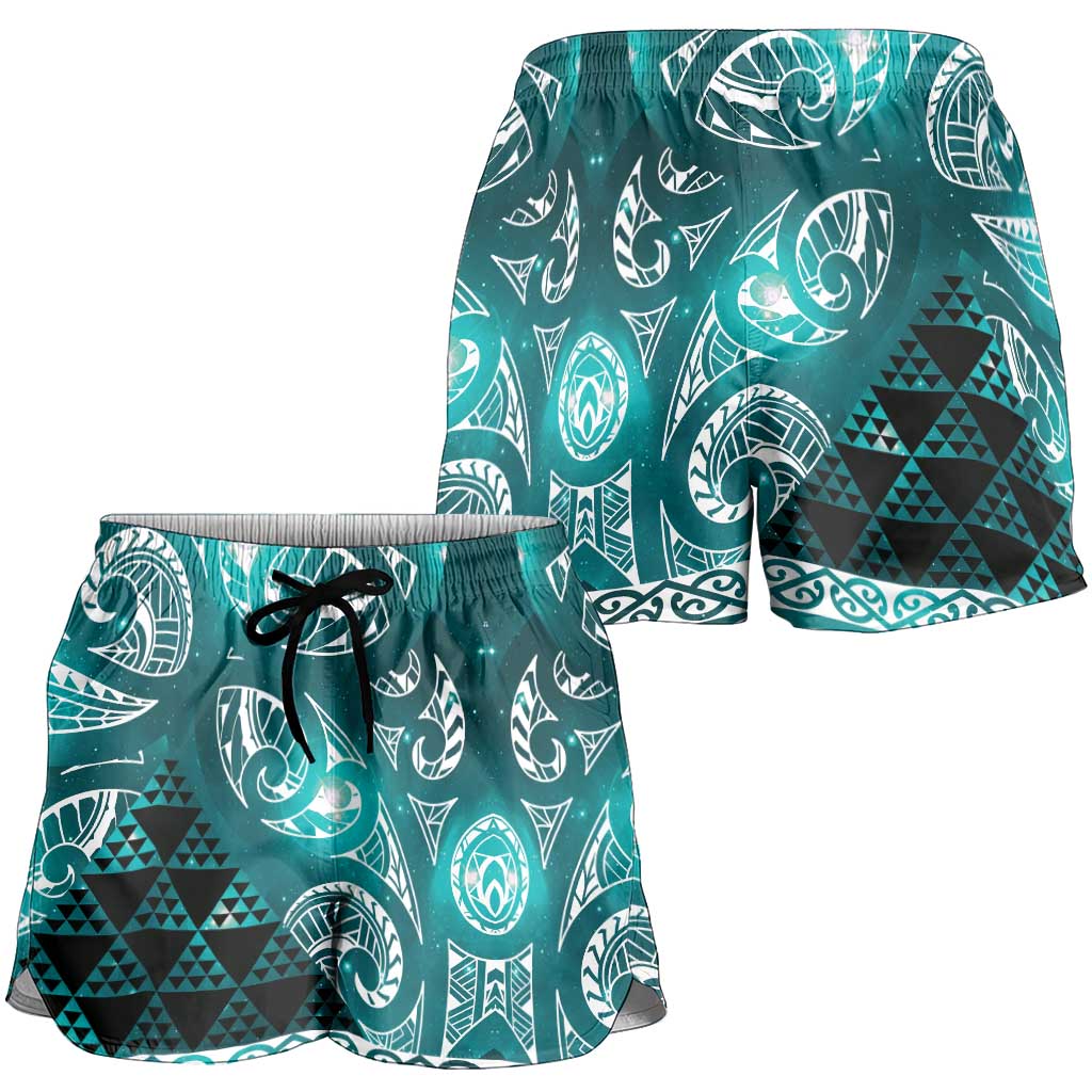 Matariki New Zealand Shorts for Women NZ Niho Taniwha Maori New Year Cyan Galaxy LT14 - Polynesian Pride