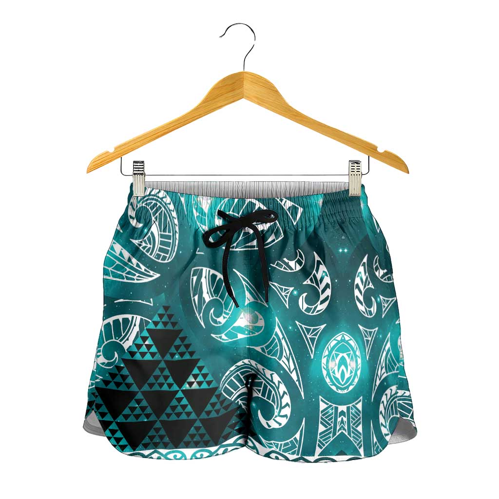 Matariki New Zealand Shorts for Women NZ Niho Taniwha Maori New Year Cyan Galaxy LT14 - Polynesian Pride