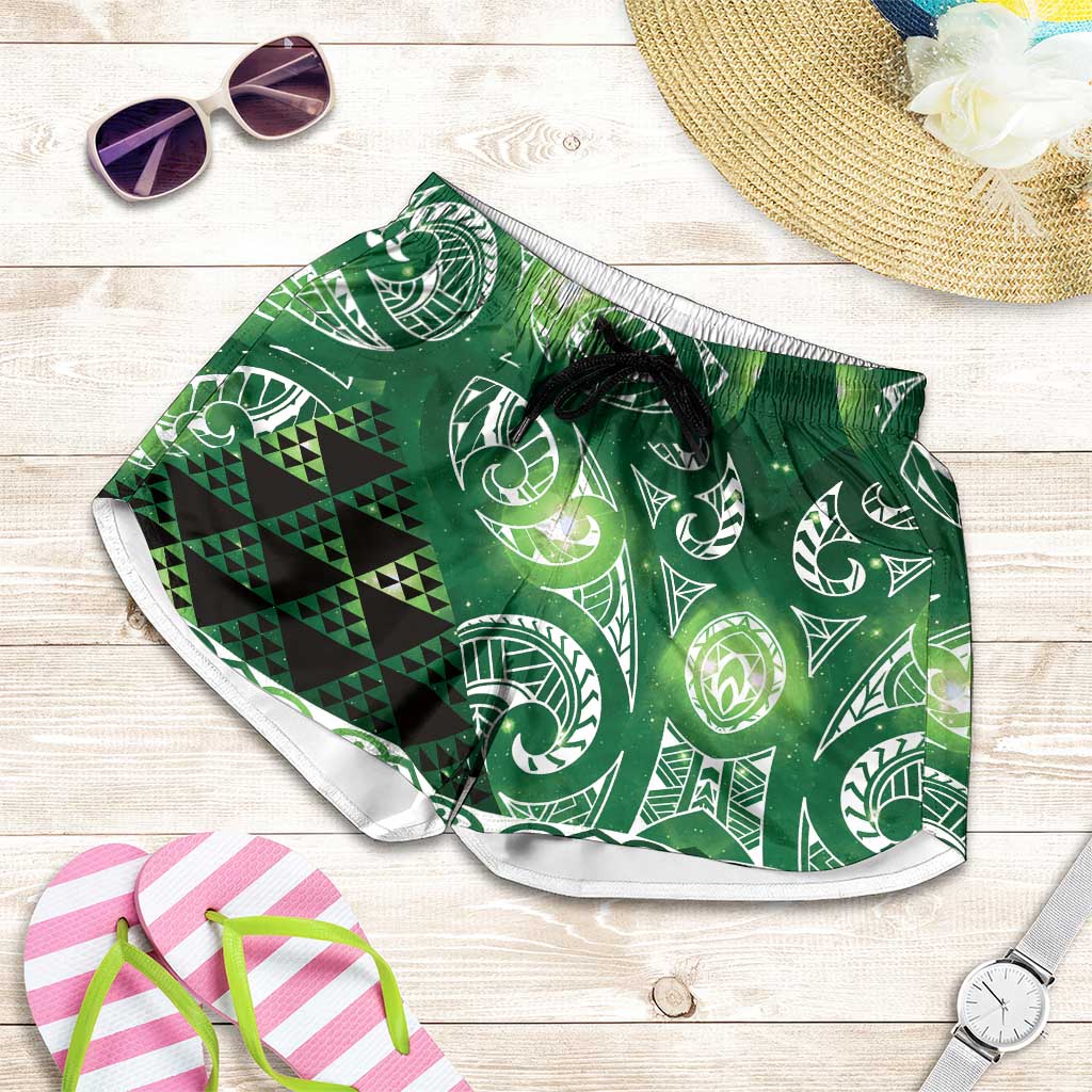 Matariki New Zealand Shorts for Women NZ Niho Taniwha Maori New Year Green Galaxy LT14 Green - Polynesian Pride