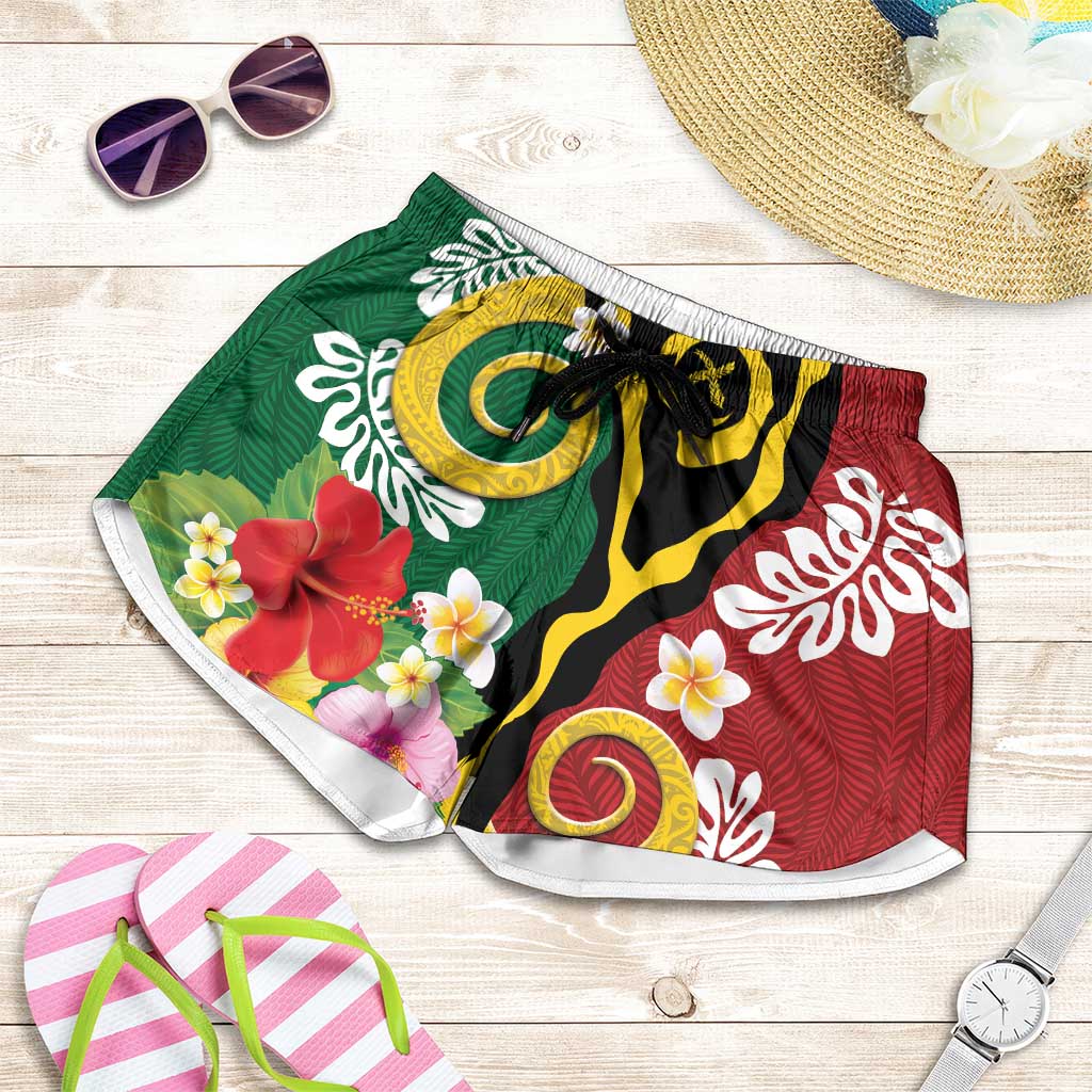Melanesian Vanuatu Tribal Boar Tusk Shorts for Women Tropical Plants and Namele Motifs - Polynesian Pride