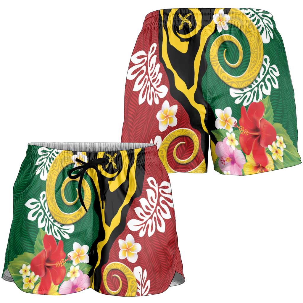 Melanesian Vanuatu Tribal Boar Tusk Shorts for Women Tropical Plants and Namele Motifs - Polynesian Pride