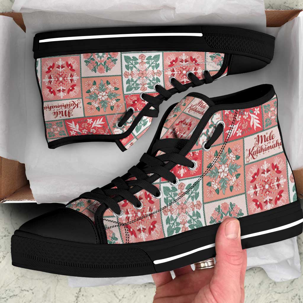 Mele Kalikimaka Hawaii Christmas High Top Shoes Ulaula Seamless Floral Motif LT9 Red - Polynesian Pride