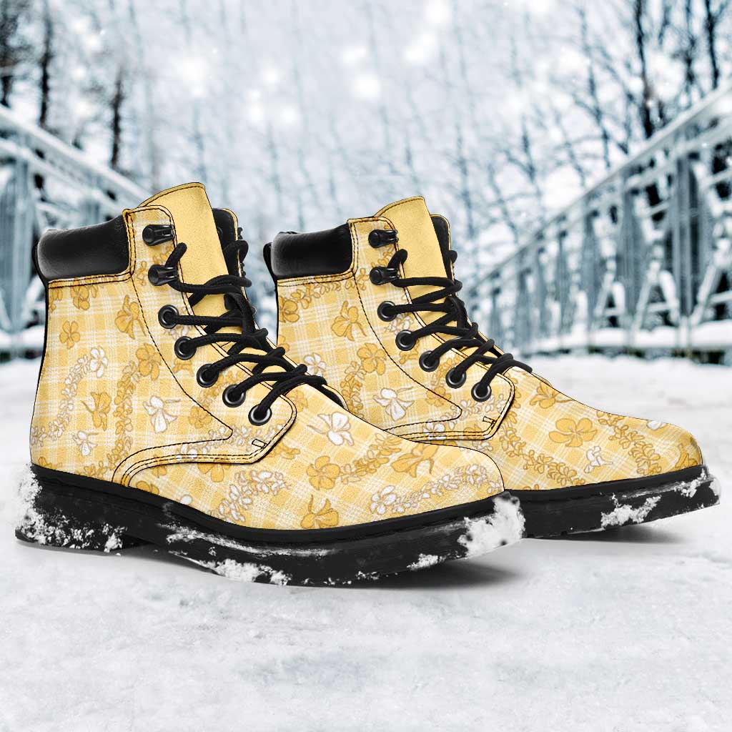 Melemele Aloha Hawaii All Season Boots Plumeria Lei With Palaka Motif - Polynesian Pride